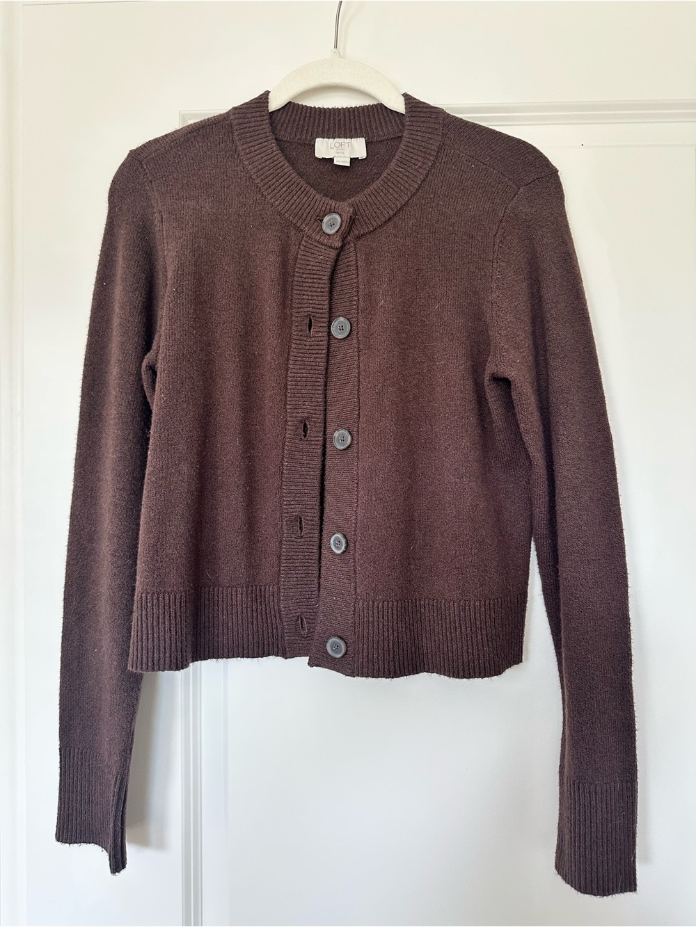 LOFT Brown Button-Front Crewneck Sweater